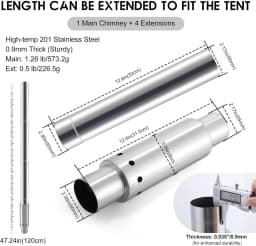 CHANGE MOORE Tent Stove Pipe 3pcs Extension Kit 0.9mm Smokeless Thickened Stainless Steel Chimney Set 2.36in Secondary Burning