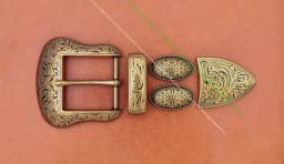 Brass Plated Western Cowboy Rodeo Flower Craved Men Leathercraft Accessories Belt Buckle 5 Pieces Set Unisex Fits 1 1/2" Strap