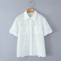 2 Pieces 1 Set 2025 Sexy Women White Embroidery Hole Loose Short Sleeve Shirt Back Zipper High Waist Package Hips Mini Skirts