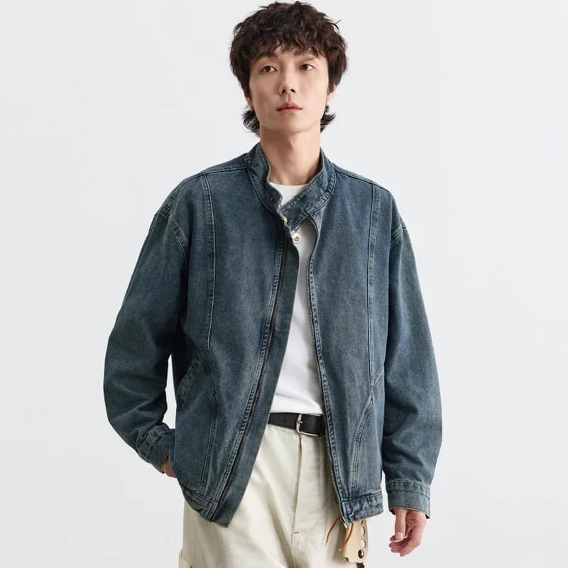 IEFB Menwear Vintage Washed Denim Jacket Stand‑collar Zipper Up Loose Deconstructed Stitching Street Outerwear Short Coat 9X4249