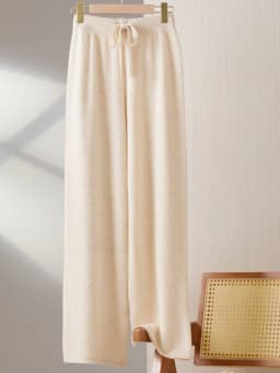 2025New Women100%Merino Wool Knitted Wide Leg Pants Autumn Winter Basic Soft Warm Cashmere Knit Trousers Casual Drawstring Style