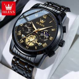 OLEVS Top Brand Couple Watches Stainless Steel Waterpoof Chronograph Moon Phase Flywheel Design Lover's Wristwatch for Men Women