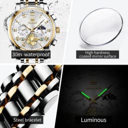 OLEVS Top Brand Couple Watches Stainless Steel Waterpoof Chronograph Moon Phase Flywheel Design Lover's Wristwatch for Men Women