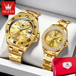 OLEVS Couple Watches Luxury Fashion Stainless Steel Original Quartz Wristwatch for Lover Waterproof Luminous Big Date Gift Box