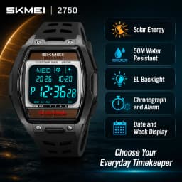 SKMEI 2750 Solar Digital Watch For Men Big Number 5ATM Water Resistant Sports Men Digital Watch EL Light Week Date Outdoor Clock