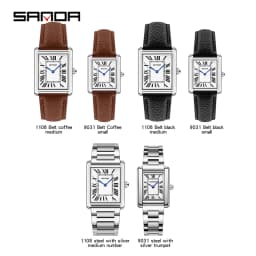 SANDA 1108/9031 Quartz Watch Roman Numeral Stainless Steel Leather Watch Band Brief Lovers Waterproof Watch Women's Watches