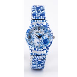 Fashionable Women's Watch, Casual Niche Luxury, Blue and White Porcelain Quartz, New Elastic Strap, Couple's Model, a Pair