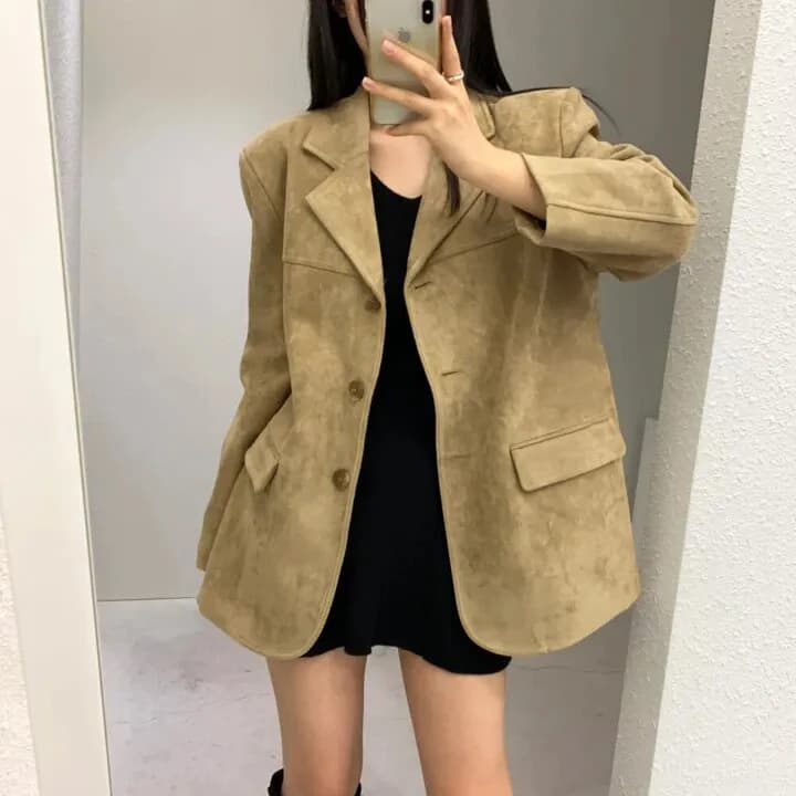 Chic Vintage Women's Leather Jacket Loose Slimming Single Button High-End Feel Deer Skin Velvet Suit Top Commute Style