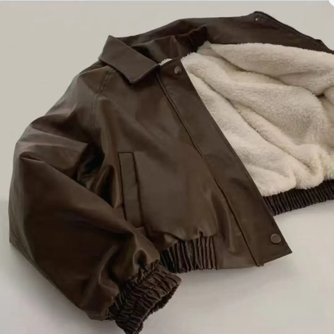 Korean Style Fleece Lined PU Leather Jacket Women's Loose Thickened Short Coat Autumn Winter New Arrival Small Size Top