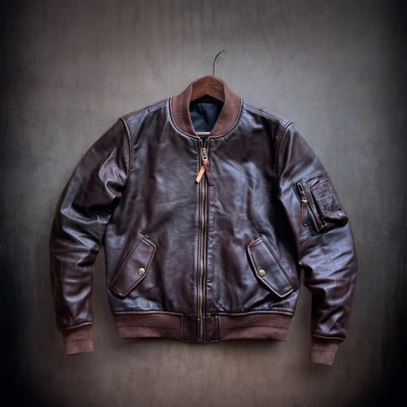 Afashion American Retro Deep Brown Genuine Leather MA1 Flight Jacket Handmade Tea Core Cowhide Washed Casual Fashion Urban Style