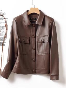 Trendy Women's Sheepskin Leather Jacket Motorcycle Style Collar Long Sleeve Short Coat Breathable Moisture Wicking Polyester ...
