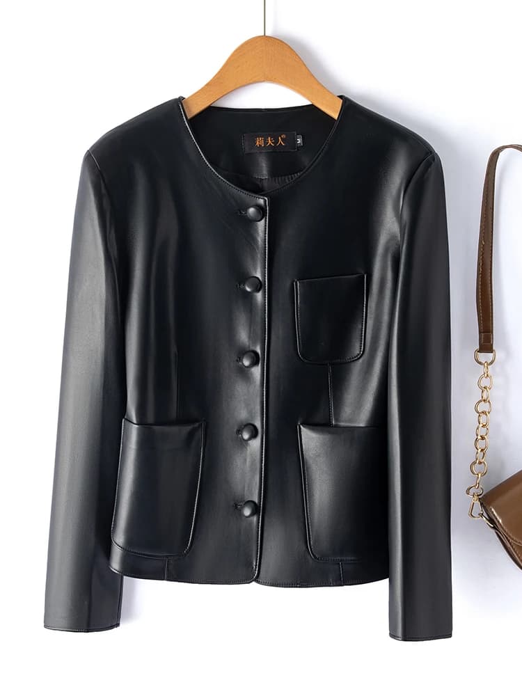 Fashionable Short Genuine Leather Jacket Women's Single Button Sheepskin Biker round Neck Slimming Outerwear Korean Style