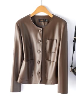 Fashionable Short Genuine Leather Jacket Women's Single Button Sheepskin Biker round Neck Slimming Outerwear Korean Style