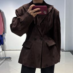 YOLOAgain Vintage Suede Blazer Jacket Women Double Breasted Lapel Dark Brown Genuine Sheepskin Leather Jacket Coat Female