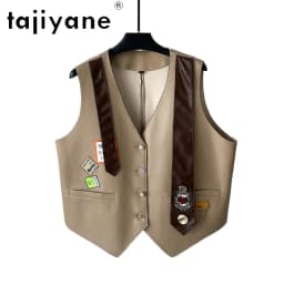 TAJIYANE Genuine Leather Jacket Women Short Sheepskin Vest Sleeveless Biker Jackets Patch Badge Waistcoat Leather Veste Femme