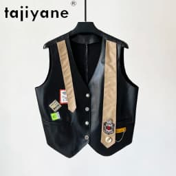 TAJIYANE Genuine Leather Jacket Women Short Sheepskin Vest Sleeveless Biker Jackets Patch Badge Waistcoat Leather Veste Femme