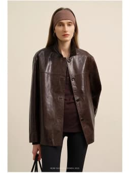 Waxed Lambskin Genuine Leather Jacket Women Retro Lapel Collar Single Breasted Real Leather Casual Spring Autumn Outerwear 2026