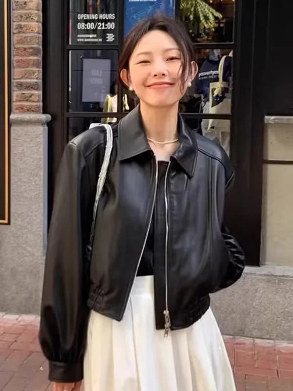 Early Spring Black Short Leather Jacket Women's Stylish Unique Hong Kong Style Zipper Loose Fit No Fur PU Material
