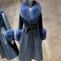 YOLOAgain Women's Detachable Fox Fur Collar Real Leather Jacket Long Navy Blue Jacket