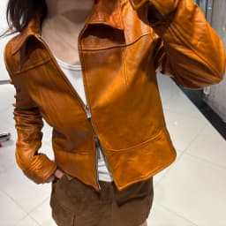 YOLOAgain Women's Cropped Crinkled Genuine Leather Jacket Lapel Collar Short Leather Coat