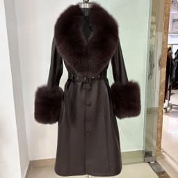 YOLOAgain Women's Real Fox Fur Collar Leather Trench Coat Sheepskin Jacket Long