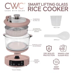 COOK WITH COLOR 3L Glass Low Carb Rice Cooker-Makes 6 Cups Cooked Low Sugar Rice with Auto Lift Filter Basket Hotpot Steamer