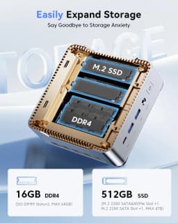 KAMRUI Mini PC 16GB SO-DIMM DDR4 512 M.2 2280 SSD AMD Ryzen R2544 up to 3.7GHz HDMI+DP1.4 Dual 4K UHD WiFi5 Desktop Micro PC