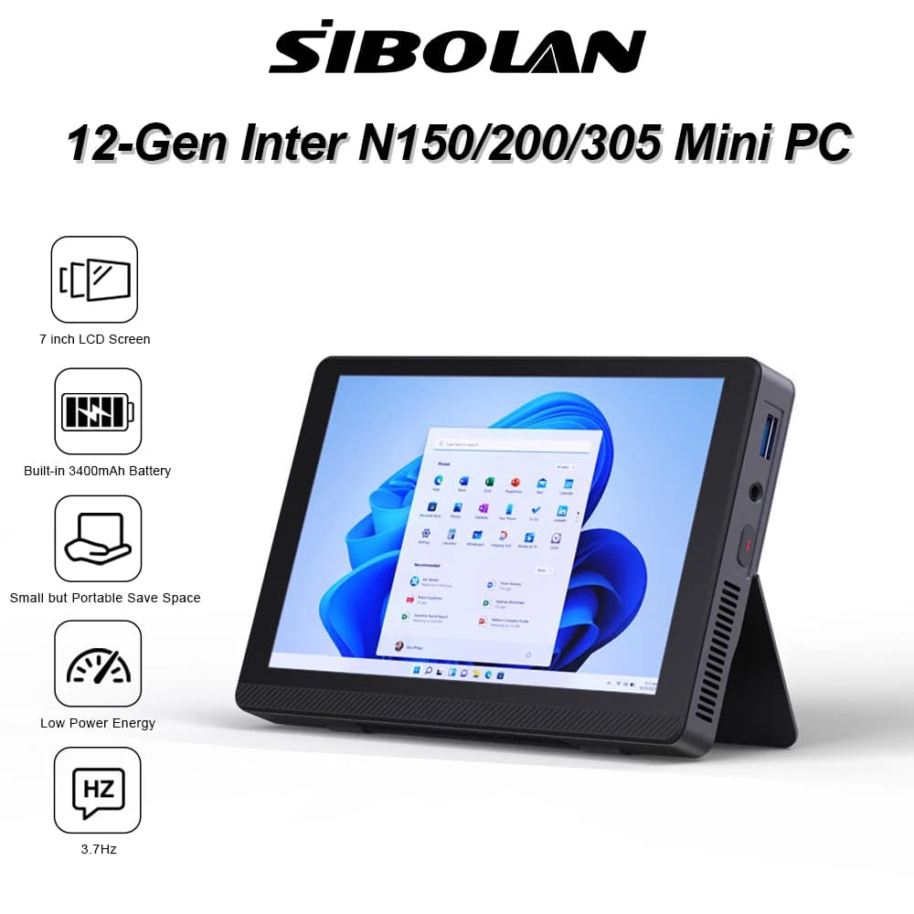 SIBOLAN 500H Mini PC Intel N150 N200 N305 CPU 7-Inch Monitor 2.5G LAN 16G DDR5 Windows 11 Pro WIFI6 BT5.2 Mini Desktop Computer