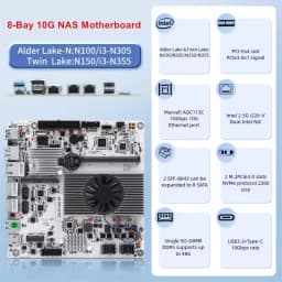 Topton 8-Bay 10G NAS Motherboard Intel i3-N300 N150 1*10G+2*2.5G LANs 2*NVMe 2*SFF-8643 to 8*SATA Type-C Firewall ITX Mainboard