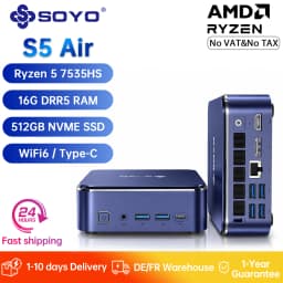 SOYO S5 Air Gaming Mini PC Ryzen 5 7535HS 16GB RAM LPDDR5 512GB NVME SSD Desktop Computers Office Home Triple 4K Display WiFi 6