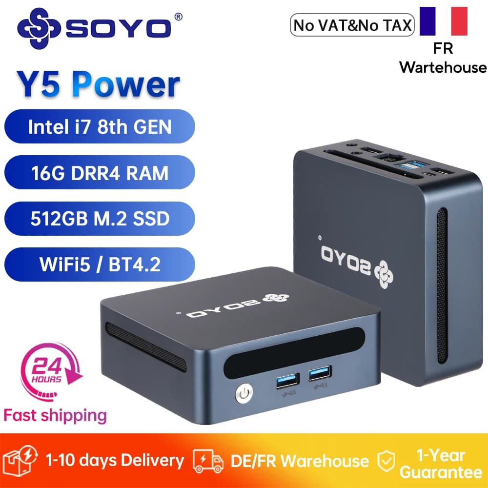 SOYO Mini PC Y5 Power Intel Core i7 8th Gen CPU 16GB DDR4 RAM 512GB M.2 SSD Mini Desktop PC Dual 4K Display WiFi5 BT4.2 Type-C