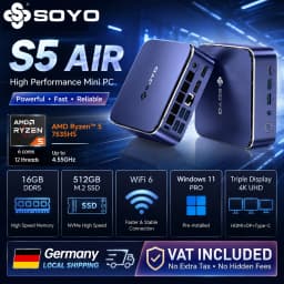 SOYO New Product Launch S5 AIR Gaming Mini Computer AMD Ryzen 5 7535HS (6 cores, 12 Threads, 3.3 GHz) Mini PC 16GB LPDDR5 RAM 512GB M.2 SSD WIFI6 BT Window 11 Pro