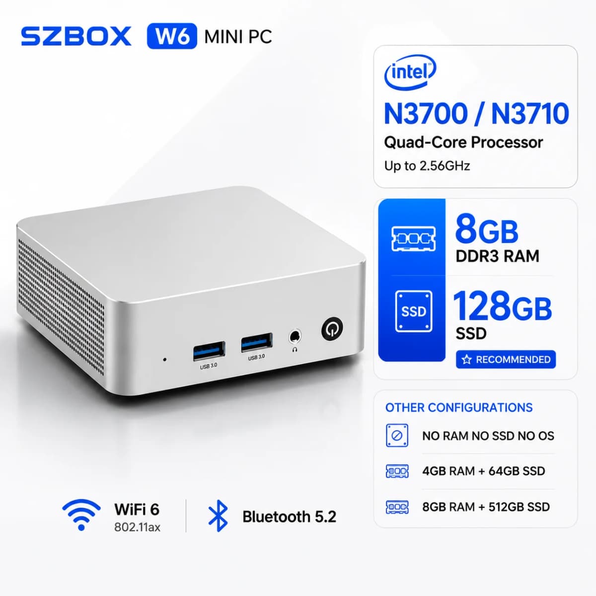 SZBOX W6 Mini PC Intel N3700/N3710 Quad Core Fanless Dual HDMI 4K Gigabit LAN Desktop Computer for Office Business HTPC