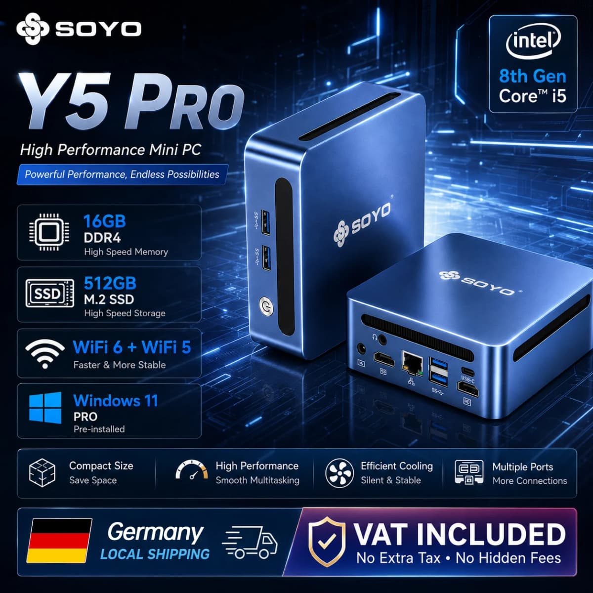SOYO Mini PC Y5 Pro 8th Gen Intel Core I5 CPU (4 cores and 8 threads)16GB DDR4 RAM 512GB M.2 SSD Window 11 PRO HDMI Compatible*2 Supports 4K Output Full-featured Tupe-C WiFi 6 Mini Desktop Computers