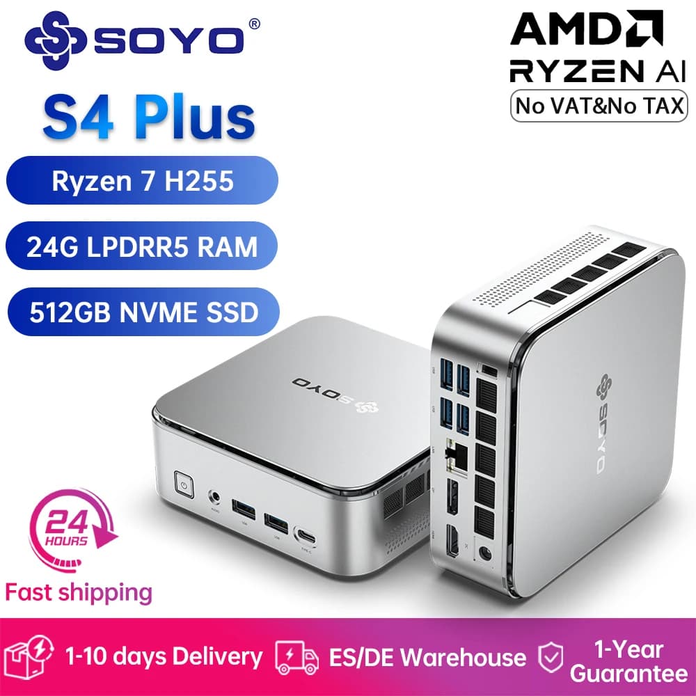 Soyo S4 Plus Gaming Mini Pc Amd Ryzen 7 H255 24Gb Lpddr5 Ram 512Gb Pcie3.0 Ssd Desktop Computer Dual 4K 120Hz Display Wifi6/Bt5.2