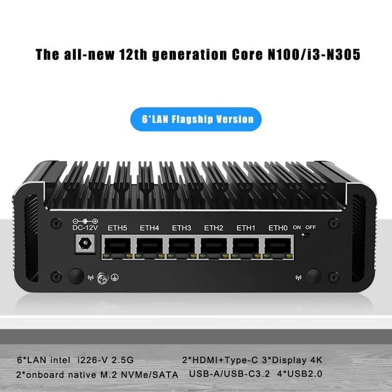 6*LAN 2.5GbE Mini PC 12th Gen Intel N150 6xi226-V Firewall Router DDR5 2*HDMI2.1 TPM2.0 AES-Ni ESXI Computer Window11