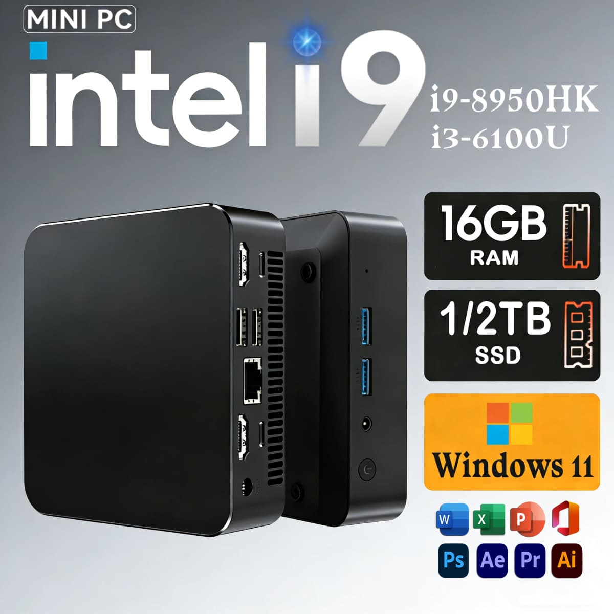Intel Core i9-8950HK/i3-6100U Windows 11 Mini PC 16GB RAM 1/2TB SSD 3-screen display Mini computer 4K HD Mini Gaming Pc Desktop