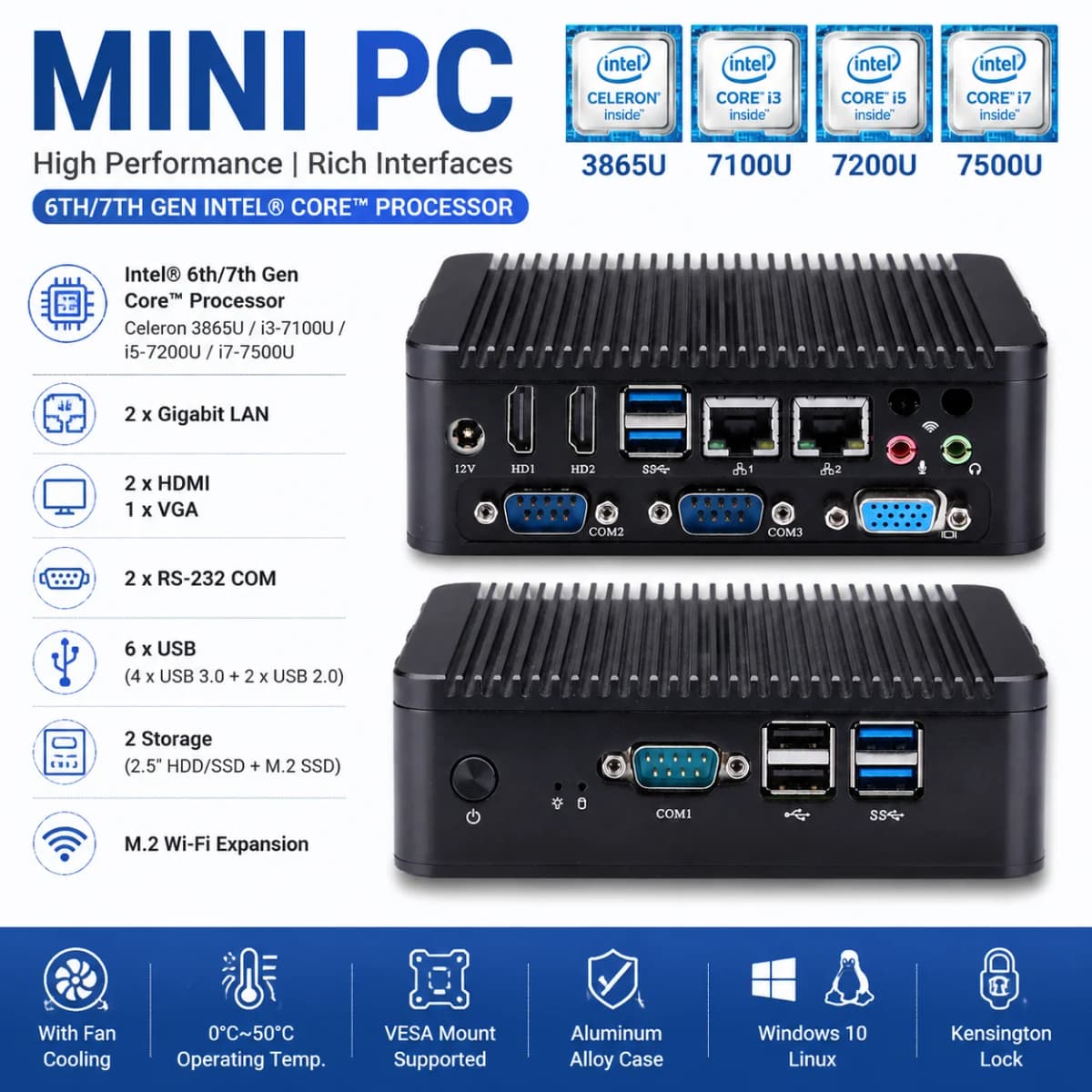 QOTOM Mini PC Q30600PV Intel i7 7500U i5 7200U i3 7100U 3865U Dual LAN 2 COM VGA Industrial Computer Win10 Linux