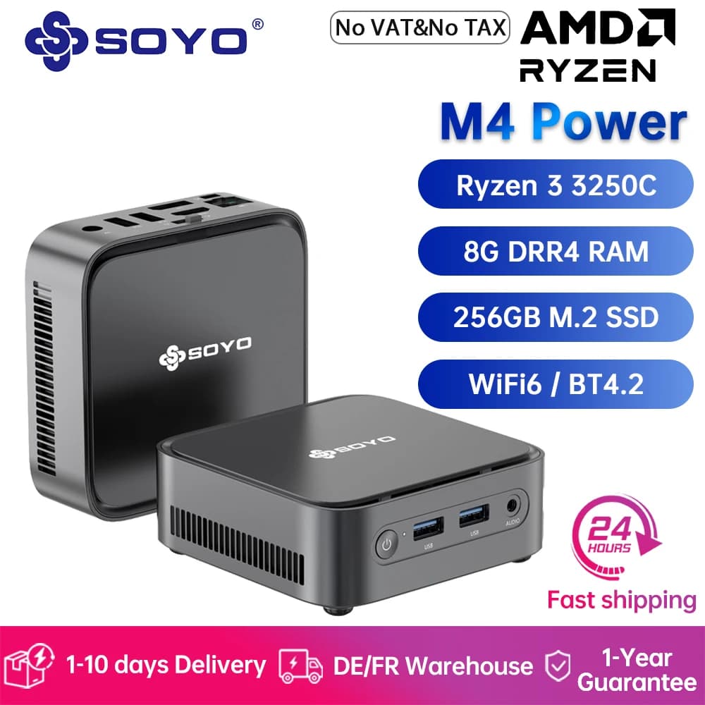 SOYO M4 Power Mini PC Gaming Computer AMD R3-3250C CPU 8GB DDR4 RAM 256GB M.2 SSD Window 11 Pro WiFi5/BT4.2 Mini Computer