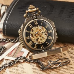 Ramadan Classic Hexagonal Mechanical Pocket Watch FOB Chain Steampunk Roman Dial Skeleton Gold Hollow Steel Men's Pocket Watch