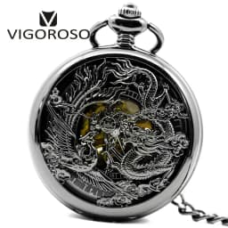 Vintage Classic Steampunk Skeleton Black Alloy Chinses Flying Dragon&Phoenix Mechanical Hand Wind Pocket Watch FOB Chain Clock