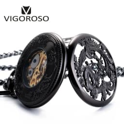 Vintage Classic Steampunk Skeleton Black Alloy Chinses Flying Dragon&Phoenix Mechanical Hand Wind Pocket Watch FOB Chain Clock