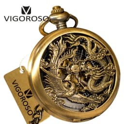Vintage Classic Steampunk Skeleton Black Alloy Chinses Flying Dragon&Phoenix Mechanical Hand Wind Pocket Watch FOB Chain Clock
