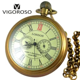 VIGOROSO Collectible Antique Old Copper Mechanical Pocket Watch FOB Chain Hand Winding Roman Numerals 12/24 Hours Vintage Clock