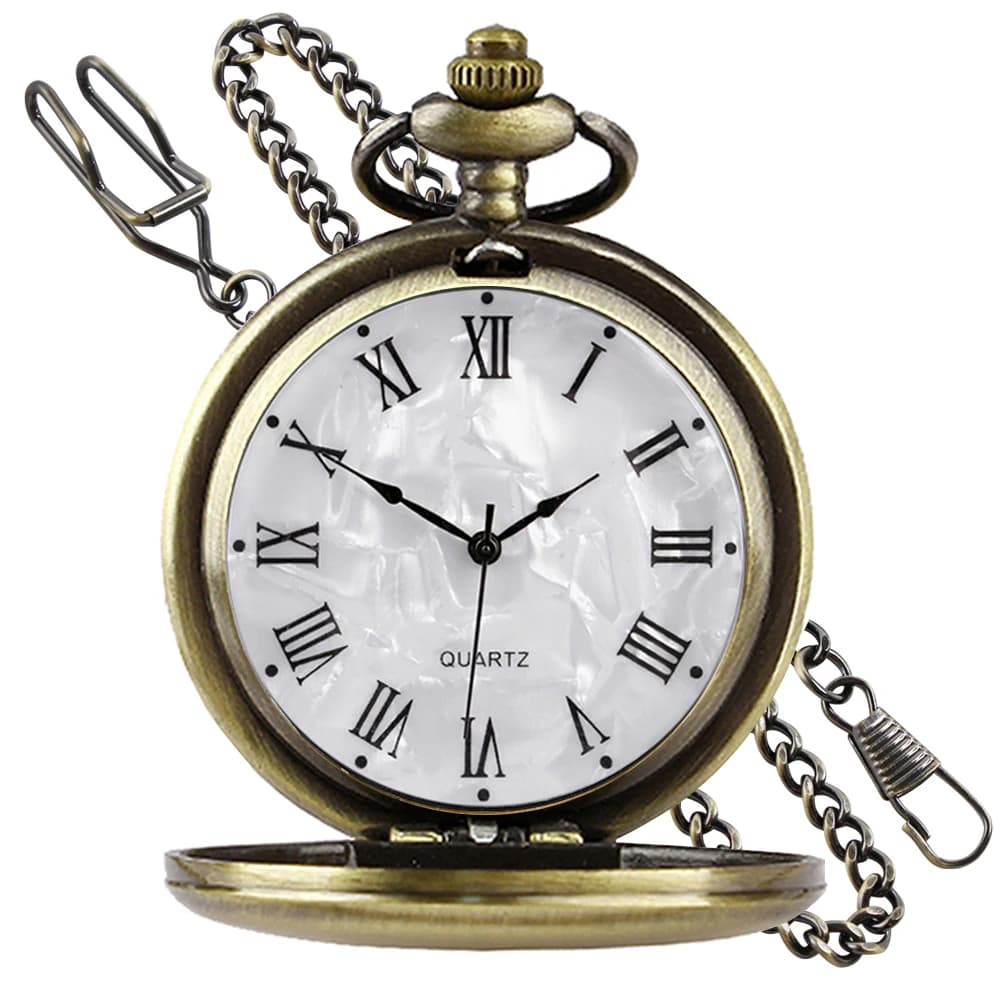 Vintage Pocket Watch with Chain Roman Numerals Smooth Steel Men's Quartz Pocket Watches with Chain Clip for Men