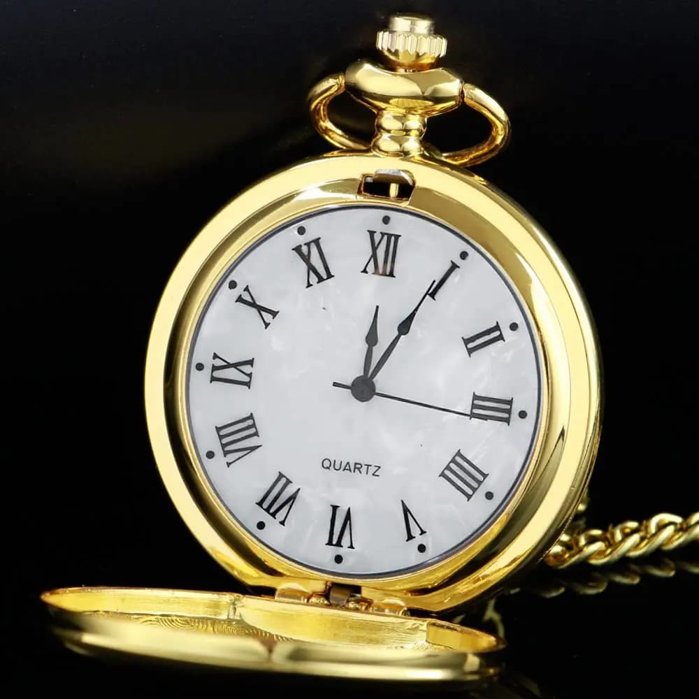 Vintage Gold Pocket Watch with Chain Smooth Steel Quartz Roman Numeral Men Quartz Pocket Watches