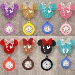 Glitter Acrylic Cartoon Mouse Head Stethoscope Lovely Nurse Doctor Alligator Clip Pocket Watches Medical Hang Clock Gift