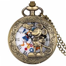Bronze Hollow Anime Clock Comic Cartoon Quartz Pocket Watch Pendant FOB Antique Clock with 80cm Necklace/30cm Waist Hook Chain