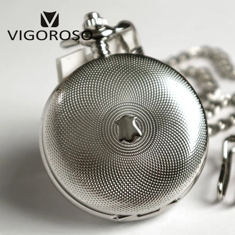 VIGOROSO Silvery Tone Steel Double Hunter Mechanical Pocket Watch Hand-winding Skeleton Silver FOB Chain Clock Gifts Men Ladies