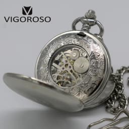 VIGOROSO Silvery Tone Steel Double Hunter Mechanical Pocket Watch Hand-winding Skeleton Silver FOB Chain Clock Gifts Men Ladies
